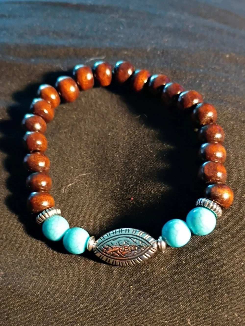 Handcrafted Brown Wood and Turquoise Bead Stretch Bracelet